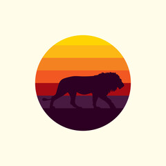 Silhouette of a lion against a striped retro sunset. Original vector illustration in vintage style isolated on light background. T-shirt design.