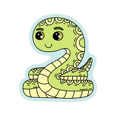 Cute green snake. Cartoon illustration. Animal character