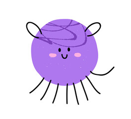Cute jellyfish character. Happy smiling jelly fish in whimsical doodle simple style. Funny playful marine animal, sea medusa. Childish kids flat vector illustration isolated on white background