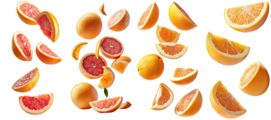Isolated falling grapefruits, full depth of field, on white