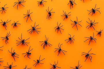 A pattern of black spiders on an orange background. Halloween background. 