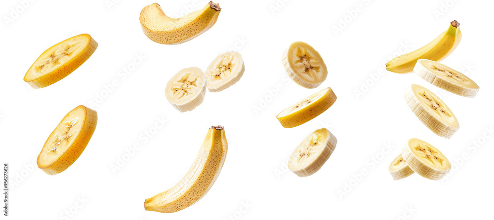 Poster Full depth of field image of a falling banana slice isolated on white