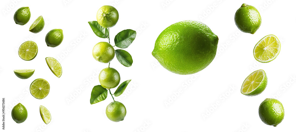 Poster Full depth of field image of falling lime isolated on white