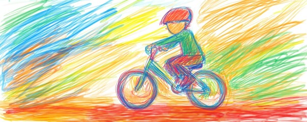 Fototapeta premium Playful Kid on a Colorful Ride - Vibrant Sketch of Child Cycling with Bold Lines, Artistic Doodle of Young Cyclist Adventure
