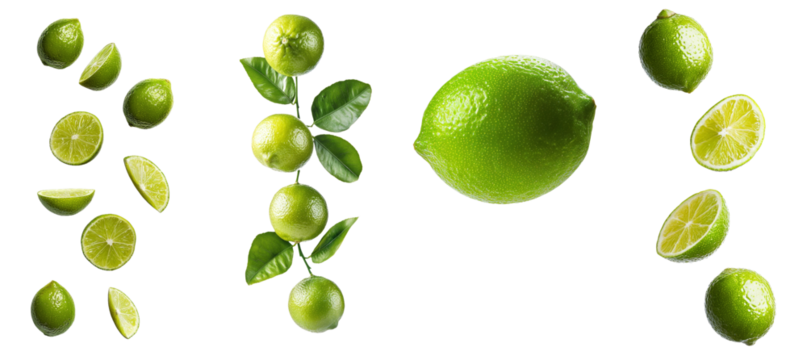 Full depth of field image of falling lime isolated on white
