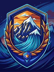 Fototapeta premium Abstract Mountain and Ocean Emblem with Gold Leaves and a Star