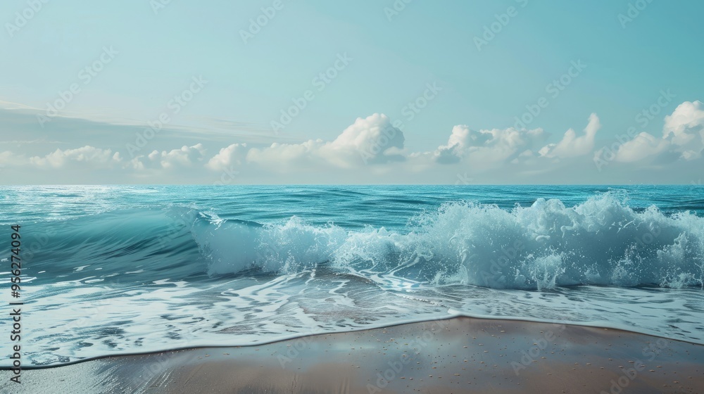 Poster The image showcases a serene ocean scene with a sandy beach a gentle wave and a distinct blue color gradient
