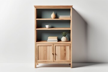 3D render of a bookshelf in a white room with a wooden design featuring empty storage spaces and a door, creating a cozy home interior atmosphere