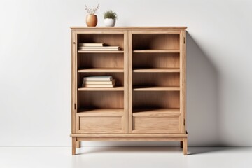 Fototapeta premium 3D render of a bookshelf in a white room with a wooden design featuring empty storage spaces and a door, creating a cozy home interior atmosphere