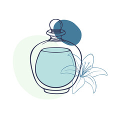 Elegant perfume bottle with floral accent in minimalist style featuring soft colors and simple line art, in boho style.