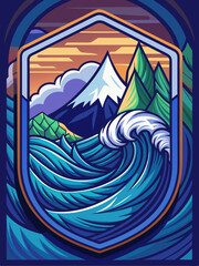 A stylized mountain range and ocean wave in a hexagon frame