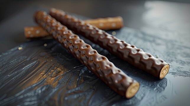 Two sticks of chocolate flavored wafer roll snacks