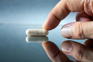 Medical pill on reflective surface. Medication choice and concern