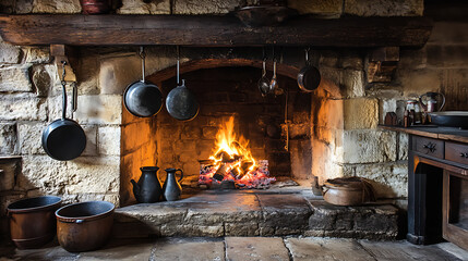 A historical kitchen with a cast iron kettle hanging over an open fire in a stone fireplace
