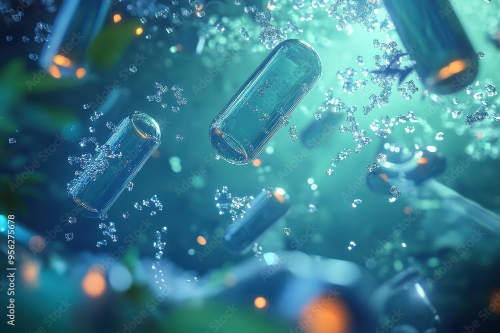 Aufkleber underwater scene with floating glass bottles and bubbles, creating a serene atmosphere.