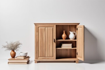 Fototapeta premium Wooden empty shelves with home supplies an ceramic for interior design