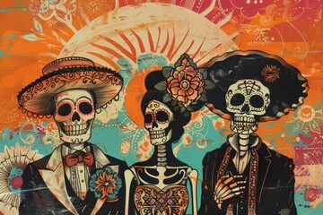 Day of the Dead illustration with skeletons in traditional Mexican clothing, rich in vibrant colors. ai