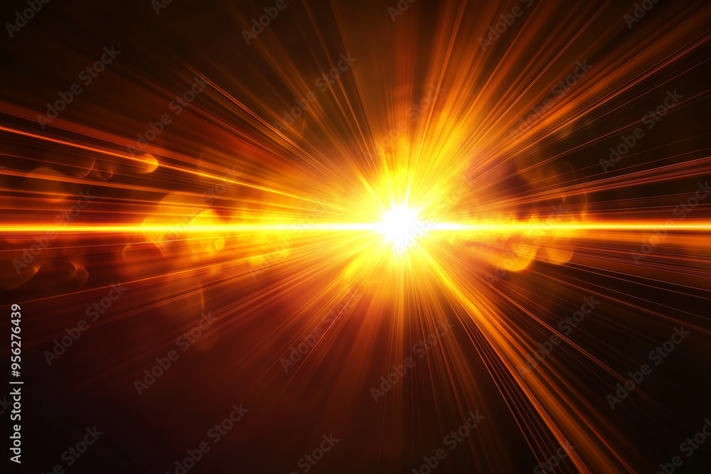 Poster bright burst of light radiating through darkness, creating dynamic rays and vibrant colors in a cosm