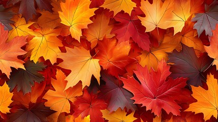Fototapeta premium A seamless pattern featuring maple leaves in various autumnal shades, from green to golden yellow, orange, and red, the leaves gently drifting and swirling in a dynamic, flowing design,