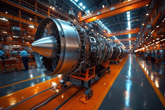 Large aerospace factory showcasing multiple jet engines on an assembly line, highlighting the scale and advanced technology of modern aircraft manufacturing.
