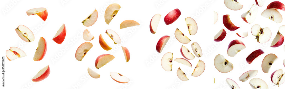 Poster a full depth of field shot of falling apple slices on a white background