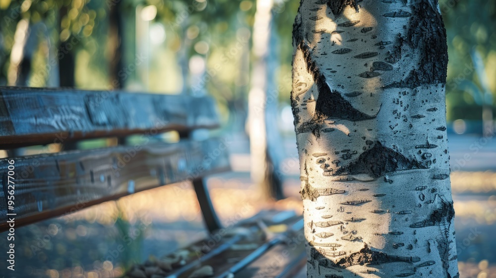 Poster View of Birch Tree from Exercise Bench at Outdoor Gym Sharp Birch Blurred Bench A captivating view of a birch tree from an exercise bench at an outdoor gym with the birch tree sharply focused and