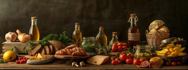 Rustic still life with fresh vegetables, herbs, and artisanal bread on a wooden table