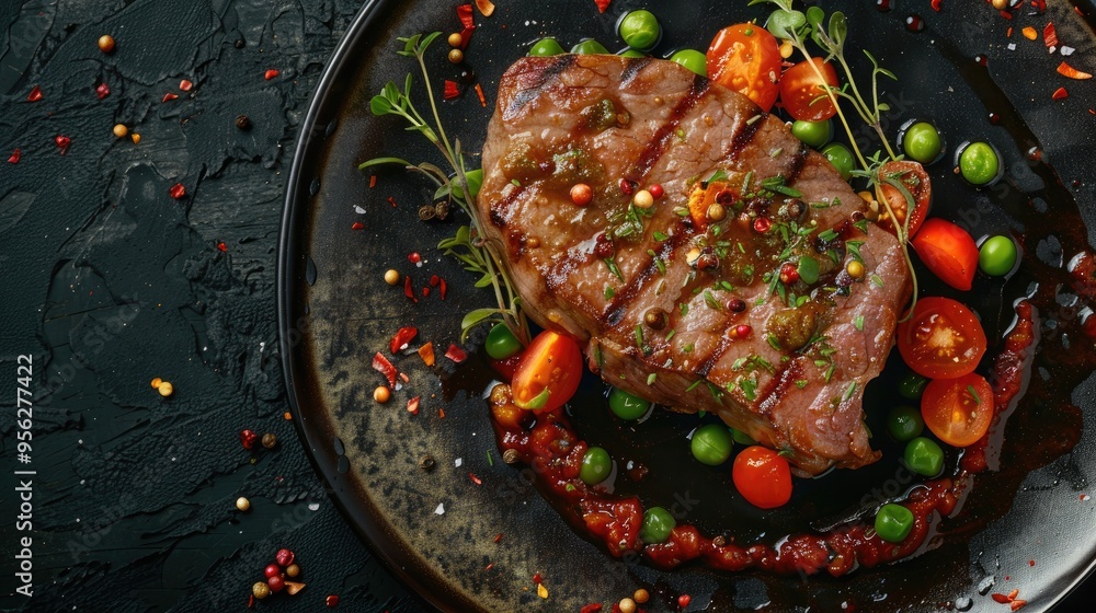 Aufkleber steak beef beef steak with pepper aromatic herbs and sauce fried beef fillet steak with peppers and 