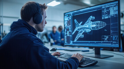 Engineer Designing Aircraft with 3D Modeling Software. Engineer using 3D modeling software to design an aircraft, highlighting the use of advanced technology in aerospace engineering.