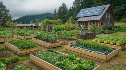Sustainable farming with raised garden beds, solar-powered barn, and green landscape in the background on a cloudy day.