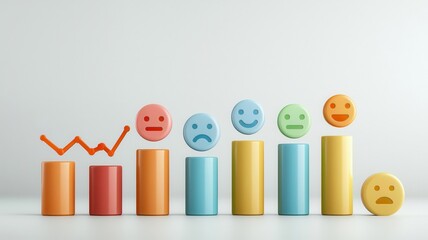 Consumer sentiment analysis, emotive faces and colorful charts, 3D illustration