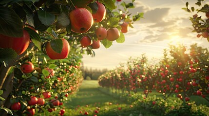 Red apples orchard and trees with nature environment and sustainability with ecology and agriculture Fruit leaf and sunshine with growth and countryside with farmland and nutrition with plants