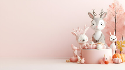 Naklejka premium Woodland creatures around a table Thanksgiving celebration