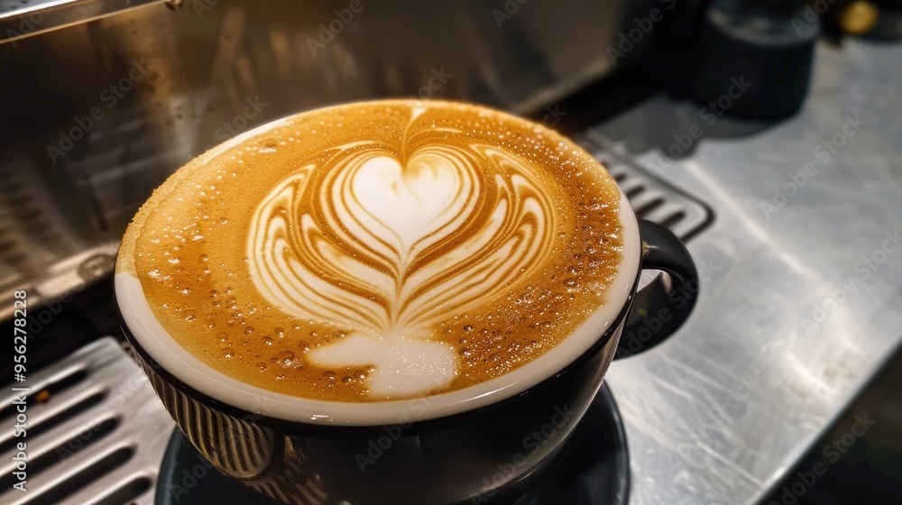 Poster the latte has a rich creamy texture with heart shaped latte art on top showcasing skilled barista wo