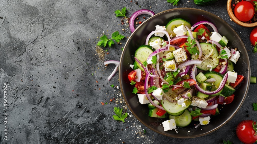 Poster Feta red onion cucumber salad Space for text top view