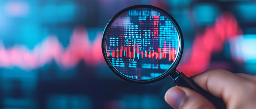 A close-up view of a magnifying glass over digital stock market data, showcasing trends and statistics in vibrant colors.