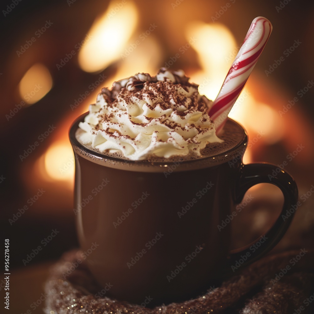 Wall mural A mug of hot chocolate with whipped cream and a candy cane, sitting in front of a fireplace.