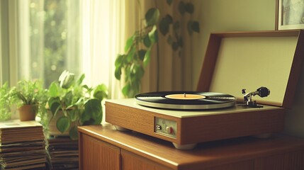 classic record player, on the turntable, wooden base with a dust cover, angled view from the side, sitting on a mid-century modern console, softly lit living