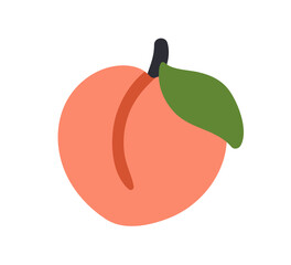 Peach, whole tropical fruit icon with leaf and stem. Fresh sweet healthy summer food, ripe and natural. Organic vitamin exotic eating. Flat vector illustration isolated on white background