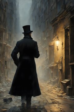  Within the dimly lit city alley, a mysterious man clad in a black coat and top hat strolls alone, evoking the ambiance of a cinematic historical thriller set in the 19th or 18th century. 