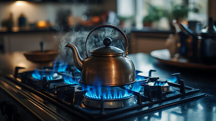 An old-fashioned whistling kettle on a gas stove with blue flames.