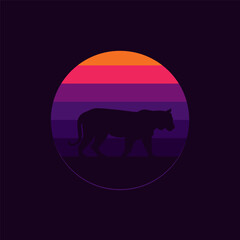 Silhouette of a tiger against a striped retro sunset. Original vector illustration in vintage style isolated on black background. T-shirt design.