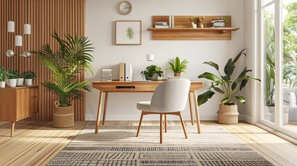 Scandinavian interior design of open space with wooden desk modern chair wood paneling with shelf plant carpet office supplies and elegant personal accessories in home decor