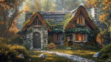 An old stone cottage with a thatched roof, nestled within a lush forest, surrounded by the enchanting greenery of an woodland. © Neuraldesign