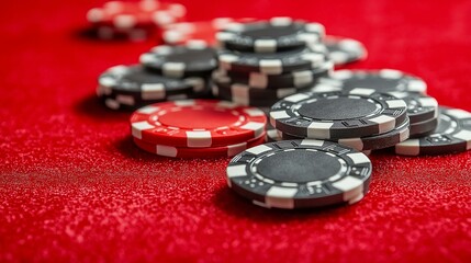 Pile of Casino Poker Chips on Red Felt Table with Isolated White Background for Gambling Concept
