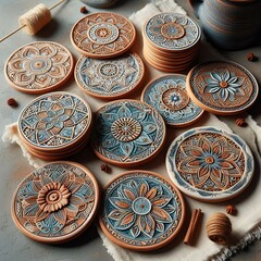 93 26 Clay Coaster Set Handmade clay coasters featuring decorati