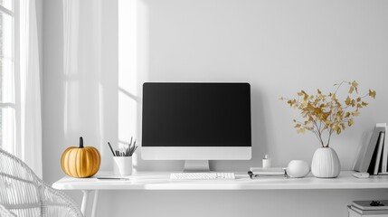 Desktop Computer Mockup as Halloween Decoration in Living Room with Black and White Pumpkins, 3D Illustration. AI generated illustration.