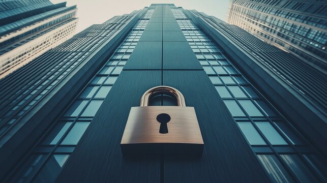 Security Padlock Icon on Skyscraper Symbolizing Financial Protection and Stock Market Safety