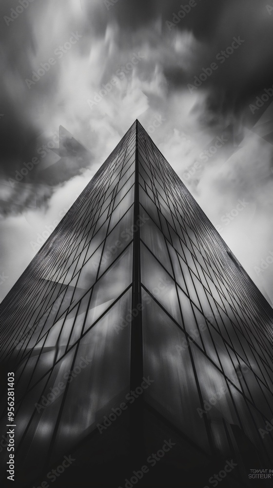 Poster triangular skyscraper black and white with clouds in the sky