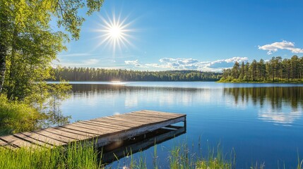 Obraz premium Traditional Finnish and Scandinavian view. Beautiful lake on a summer day and an old rustic wooden dock or pier in Finland. Sun shining on forest and woods in blue sky
